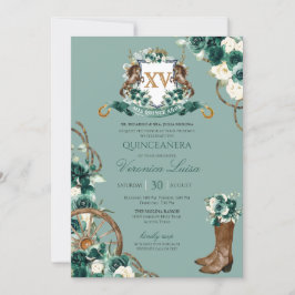 Emerald Green Floral Crest Charro Quinceanera Invi Kaart