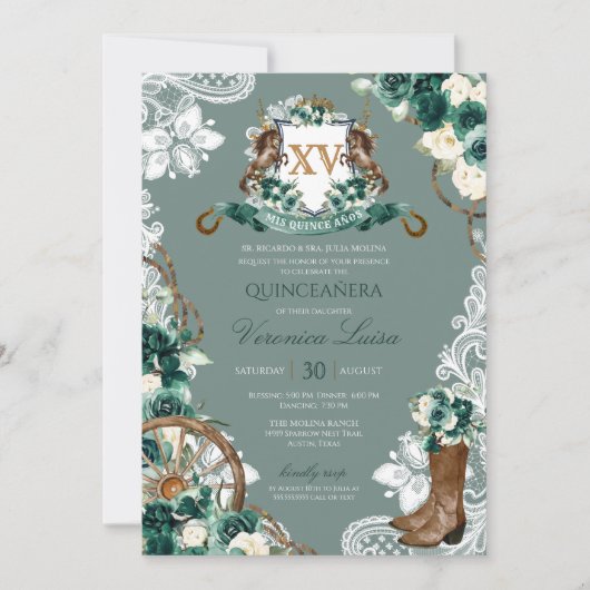Emerald Green Floral Crest Charro Quinceanera Invi Kaart (Voorkant)