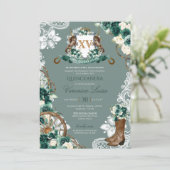 Emerald Green Floral Crest Charro Quinceanera Invi Kaart (Staand voorkant)