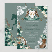 Emerald Green Floral Crest Charro Quinceanera Invi Kaart (Voorkant / Achterkant)