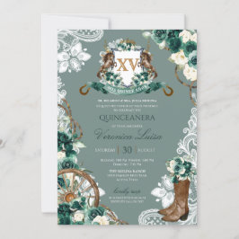 Emerald Green Floral Crest Charro Quinceanera Invi Kaart
