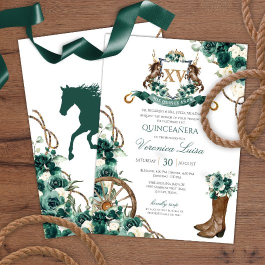Emerald Green Floral Crest Charro Quinceanera Kaart