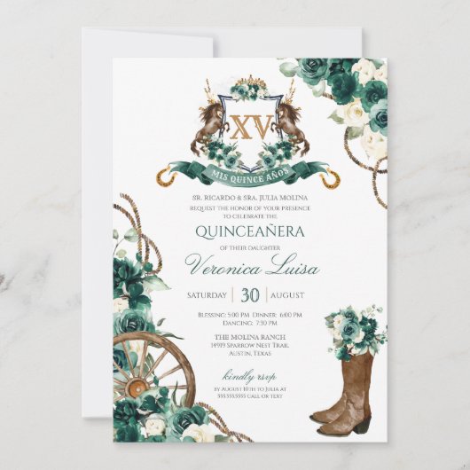 Emerald Green Floral Crest Charro Quinceanera Kaart (Voorkant)