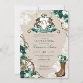 Emerald Green Floral Crest Charro Quinceanera v3 Kaart (Voorkant)