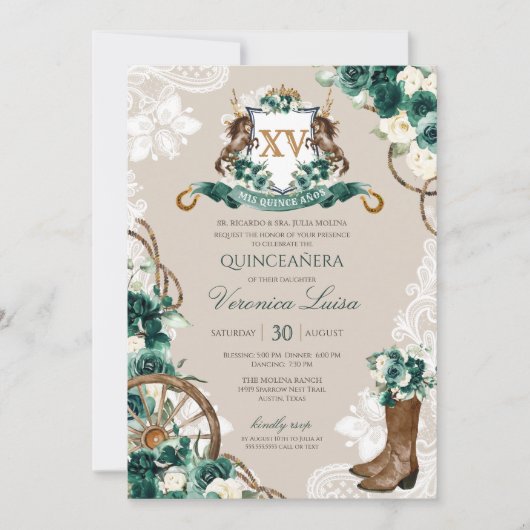 Emerald Green Floral Crest Charro Quinceanera v3 Kaart (Voorkant)