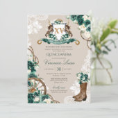 Emerald Green Floral Crest Charro Quinceanera v3 Kaart (Staand voorkant)