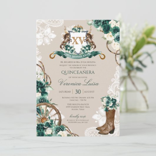 Emerald Green Floral Crest Charro Quinceanera v3 Kaart (Staand voorkant)