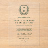 Emerald Green Floral Crest Monogram Huwelijk Acryl Uitnodigingen (Voorkant)