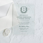 Emerald Green Floral Crest Monogram Huwelijk Acryl Uitnodigingen