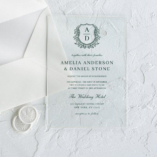 Emerald Green Floral Crest Monogram Huwelijk Acryl Uitnodigingen