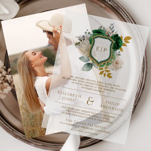 Emerald Green Floral Crest Monogram Huwelijk Vellum Uitnodigingen