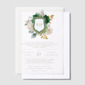 Emerald Green Floral Crest Monogram Huwelijk Vellum Uitnodigingen (Offset)