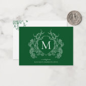 Emerald Green Floral Crest Monogram Notitiekaartje (Voorkant / Achterkant in situ)