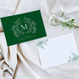  Emerald Green Floral Crest Monogram Notitiekaartje