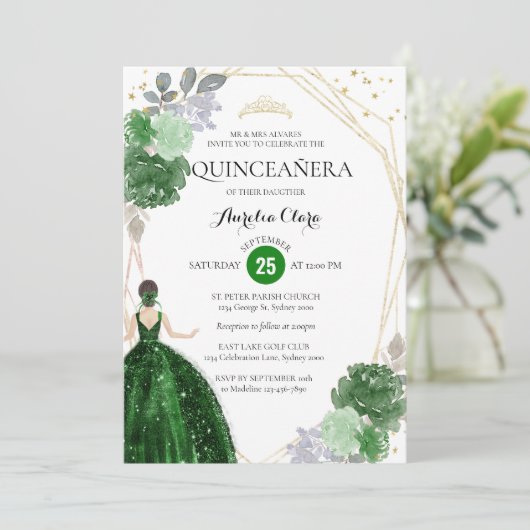 Emerald Green Floral Geometric Foto Quinceañera Kaart (Staand voorkant)