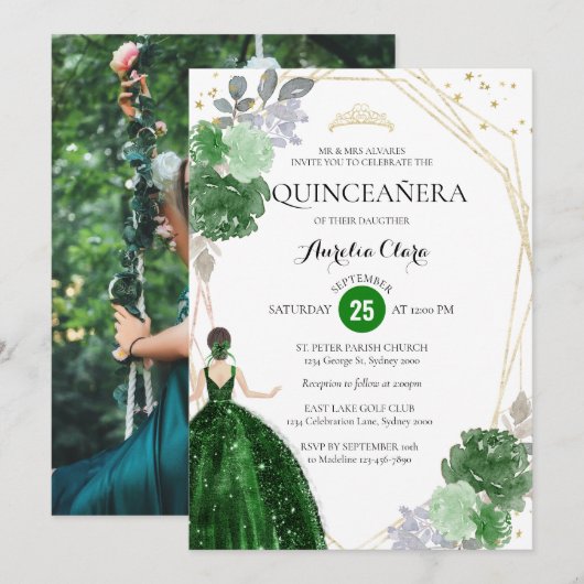 Emerald Green Floral Geometric Foto Quinceañera Kaart (Voorkant / Achterkant)