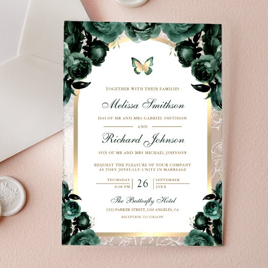Emerald Green Floral Gold Arch Butterfly Wedding Acryl Uitnodigingen
