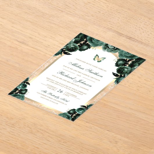 Emerald Green Floral Gold Arch Butterfly Wedding Acryl Uitnodigingen (Laagn)