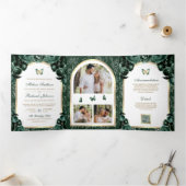 Emerald Green Floral Gold Arch Butterfly Wedding Drieluik Uitnodiging (Binnen)