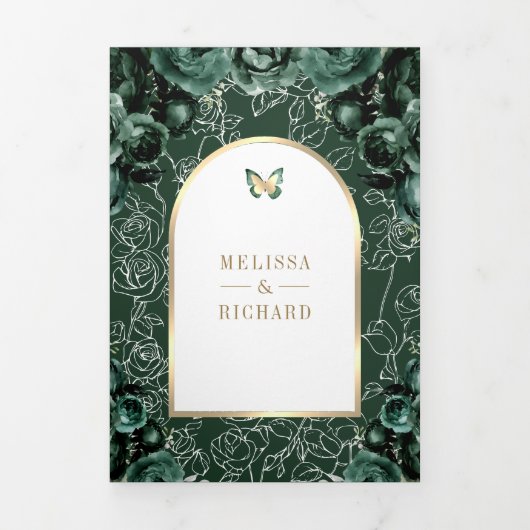 Emerald Green Floral Gold Arch Butterfly Wedding Drieluik Uitnodiging (Cover)