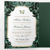 Emerald Green Floral Gold Arch Butterfly Wedding Drieluik Uitnodiging (Binnenzijde eerst)