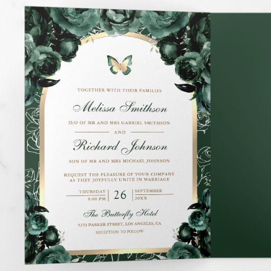 Emerald Green Floral Gold Arch Butterfly Wedding Drieluik Uitnodiging (Binnenzijde eerst)