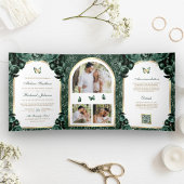 Emerald Green Floral Gold Arch Butterfly Wedding Drieluik Uitnodiging