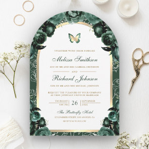 Emerald Green Floral Gold Arch Butterfly Wedding Kaart
