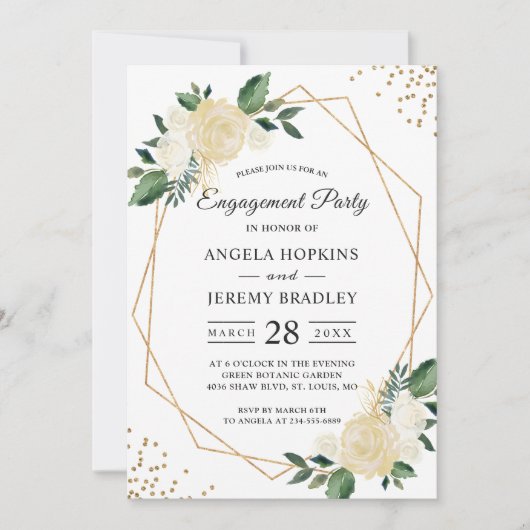 Emerald Green Floral Gold Lijst Engagement Party Kaart (Voorkant)