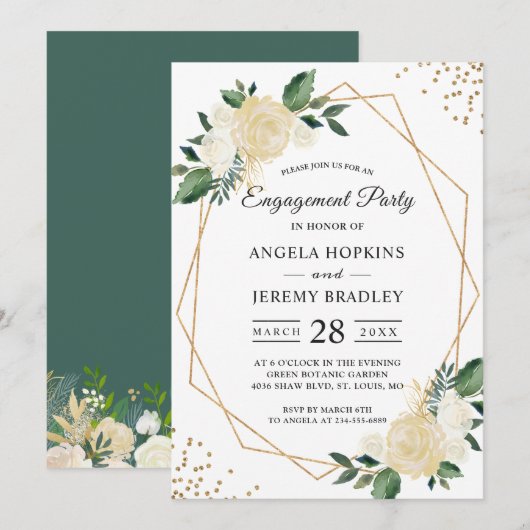 Emerald Green Floral Gold Lijst Engagement Party Kaart (Voorkant / Achterkant)