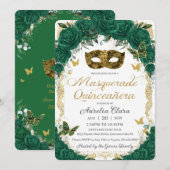 Emerald Green Floral Gold Masquerade Quinceañera Kaart (Voorkant / Achterkant)