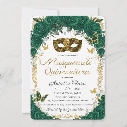 Emerald Green Floral Gold Masquerade Quinceañera Kaart (Voorkant)