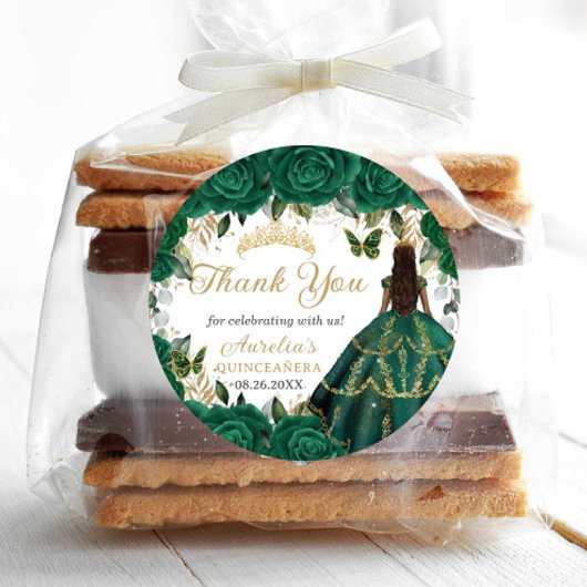Emerald Green Floral Gold Princess Quinceanera 16 Ronde Sticker