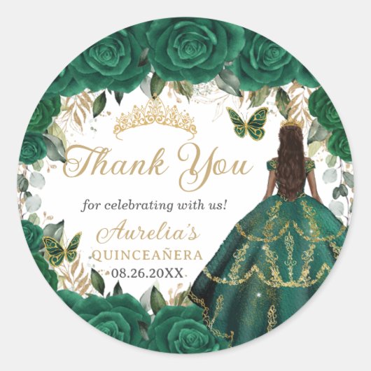 Emerald Green Floral Gold Princess Quinceanera 16 Ronde Sticker (Voorkant)