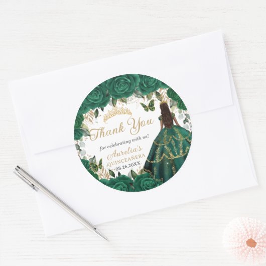 Emerald Green Floral Gold Princess Quinceanera 16 Ronde Sticker (Envelop)