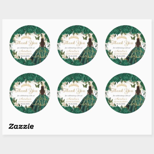 Emerald Green Floral Gold Princess Quinceanera 16 Ronde Sticker (Vel)