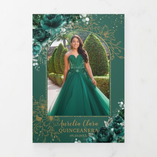 Emerald Green Floral Gold Quinceañera 15 foto's Drieluik Uitnodiging (Cover)