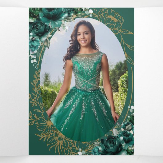 Emerald Green Floral Gold Quinceañera 15 foto's Drieluik Uitnodiging (Binnenkant midden)