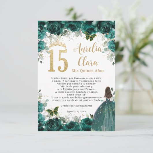 Emerald Green Floral Gold Quinceañera Prayer Kaart (Staand voorkant)