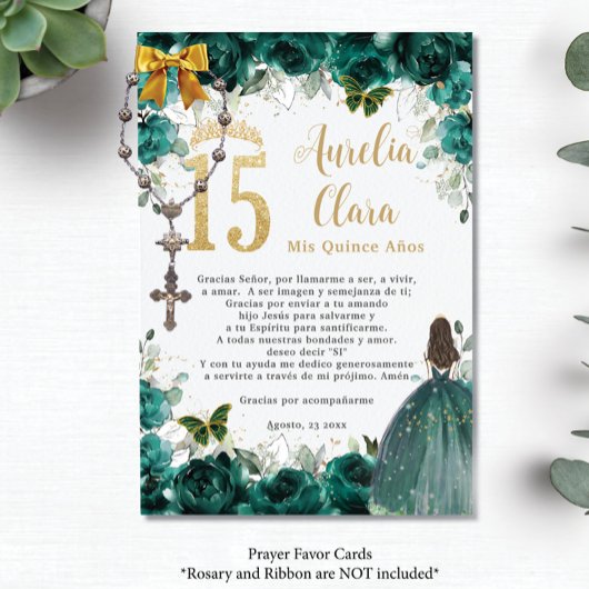 Emerald Green Floral Gold Quinceañera Prayer Kaart
