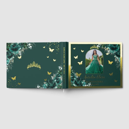 Emerald Green Floral Gold Quinceañera Quince Foto Gastenboek (Volledig)