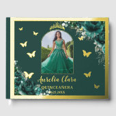 Emerald Green Floral Gold Quinceañera Quince Foto Gastenboek (Voorkant)