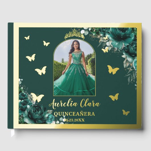 Emerald Green Floral Gold Quinceañera Quince Foto Gastenboek (Voorkant)