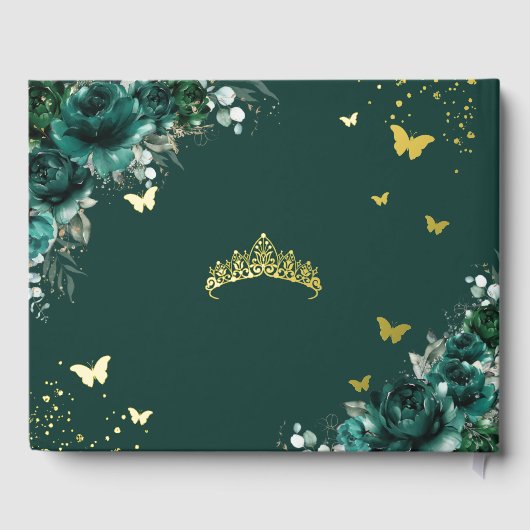 Emerald Green Floral Gold Quinceañera Quince Foto Gastenboek (Achterkant)