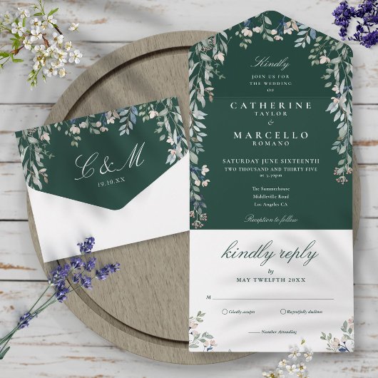 Emerald Green Floral Greenery Cascade Wedding All In One Uitnodiging