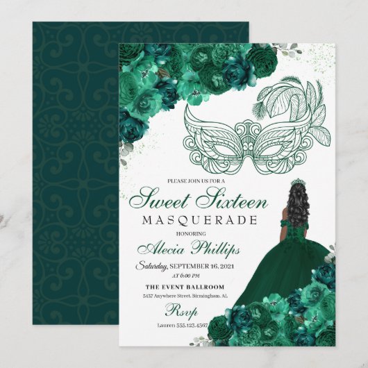 Emerald Green Floral Masquerade Sweet 16 Kaart (Voorkant / Achterkant)