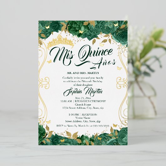 Emerald Green Floral Mis Quince Quinceanera Folie Uitnodiging (Staand Voorkant)