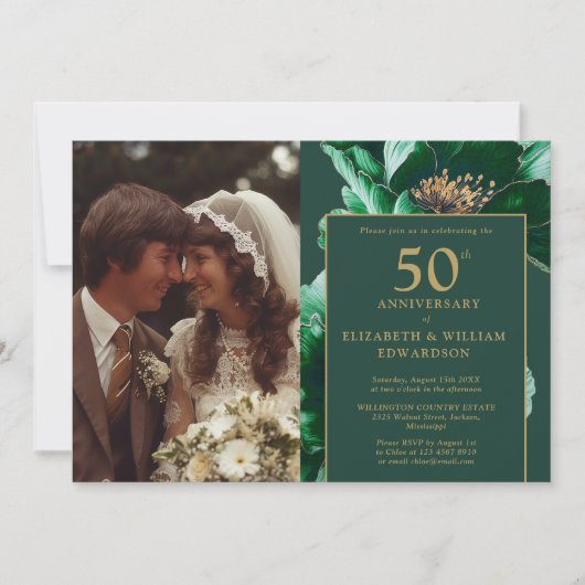 Emerald Green Floral Modern 50e Jubileum Foto Kaart (Voorkant)
