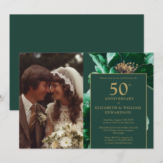 Emerald Green Floral Modern 50e Jubileum Foto Kaart (Voorkant / Achterkant)