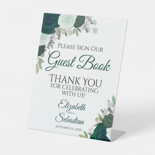 Emerald Green Floral Onderteken ons gastenboek Reclamebord Met Voetstuk (Voorkant)